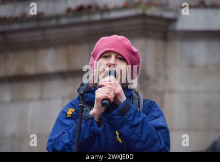London, England, UK. 21st Feb, 2024. Dr GAIL BRADBROOK, co-founder of Extinction Rebellion, gives a speech as activists gather outside the High Court ahead of a hearing on whether climate activists should be able to use the ''Belief in Consent'' defence. (Credit Image: © Vuk Valcic/ZUMA Press Wire) EDITORIAL USAGE ONLY! Not for Commercial USAGE! Stock Photo