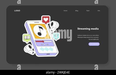 Streaming music service night or dark mode web banner or landing page. Smartphone and headphones. Listening to music or podcast with online broadcast service. Flat vector illustration Stock Vector