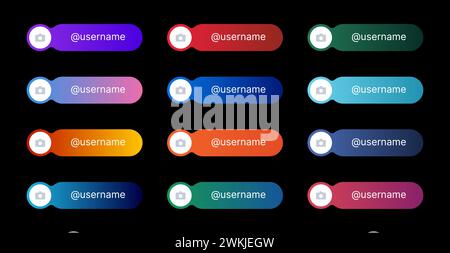 Lower third for social media. Bar box with space for an icon or photo and text. Used for channels, podcasts and blogs. Pack of vector templates with a gradient on a black background. Stock Vector