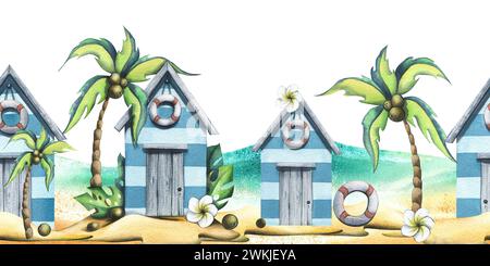 Beach, sea houses, cute, wooden with coconut palms on a sandy island. Watercolor illustration in cartoon style. Seamless summer, beach border for Stock Photo