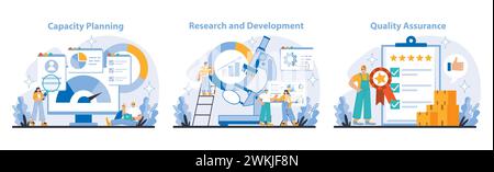 Production and Quality set. Strategic workflow optimization. Employee engagement in operational efficiency. Ensuring standards in process and output. Flat vector illustration. Stock Vector