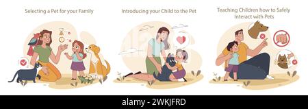 Children and Pets set. Choosing the right animal companion for kids. Introducing youngsters to furry friends. Guidance on interacting safely with pets. Stock Vector