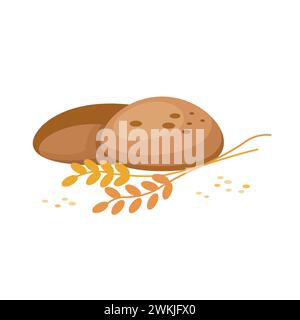 Loaves of bread with wheat spikes. Bread with wheat spikes and grains. Bread icon in cartoon style. Vector illustration isolated on white background. Stock Vector