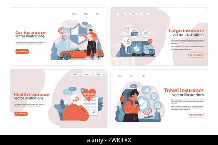 Insurance selection set. Modern interface showcasing car, cargo, and travel insurance. Interactive visuals for policy selection and information. Flat vector illustration. Stock Vector