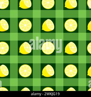 Gingham plaid, tartan fabric texture with lemon slices, vector seamless pattern. Tropical fruit checkered repeat pattern textile design, wallpaper, ba Stock Vector