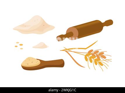Wheat Flour in wooden scoop. Wooden spatula with flour and grains. Piles of flour. Flour piles, plunger, spikes in cartoon style. Vector illustration isolated on white background. Stock Vector