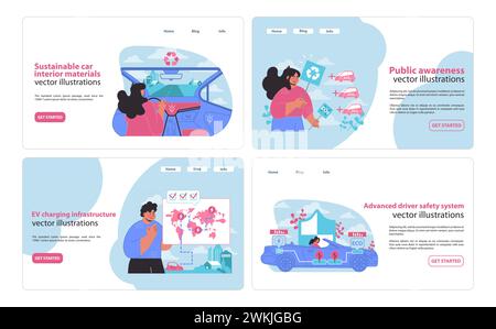 Electric car features set. Detailing sustainable interiors, awareness, EV charging, and safety systems in transport. Paving the eco-friendly way. Flat vector illustration. Stock Vector