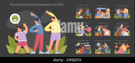 Physical and social development of child concept set. Children engaging in exercises, emotional learning, and social activities promoting comprehensive growth. Flat vector illustration Stock Vector
