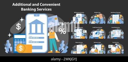 Additional and convenient banking services night or dark mode set. Seamless digital transactions and personalized finance solutions. Online banking, loan management, and estate planning tools. Stock Vector