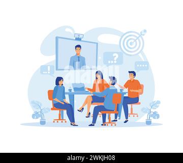 Business team at the video conference call in boardroom. Online meeting with CEO, manager or director. flat vector modern illustration Stock Vector