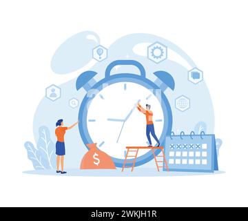 Time Management Concept. Man and woman standing near big clock, talking about business Strategy. flat vector modern illustration Stock Vector