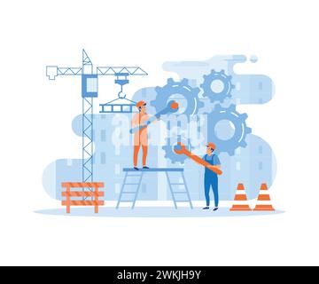 Pairs of workers turn the gears of the teamwork process in the overall improvement mechanism. flat vector modern illustration Stock Vector