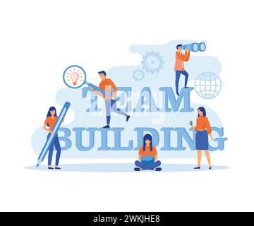 Team building concept. Group of people gather and work together to get good business results. Idea of communication and cooperation. flat vector moder Stock Vector
