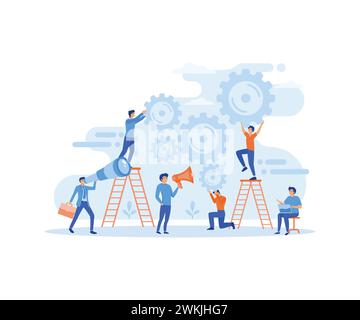 Team of businessmen working with gears or industrial wheels in business or corporate cooperation concept. flat vector modern illustration Stock Vector