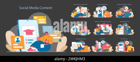 Social Media Content set. Educational and entertainment material creation. Engaging online audiences with tutorials, tips, and discussions. Flat vector illustration. Stock Vector