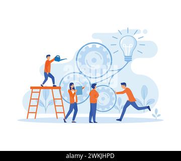 Teamwork on finding new ideas, little people launch a mechanism, search for new solutions.flat vector modern illustration Stock Vector