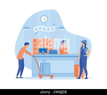 Woman with suitcase standing at reception desk. Check in to the hotel. flat vector modern illustration Stock Vector