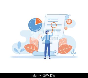 A man looks through a magnifying glass at a bill, check or invoice. flat vector modern illustration Stock Vector
