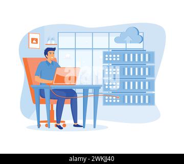 Data server web concept. Technician works in server room racks. Cloud storage technology, database. flat vector modern illustration Stock Vector