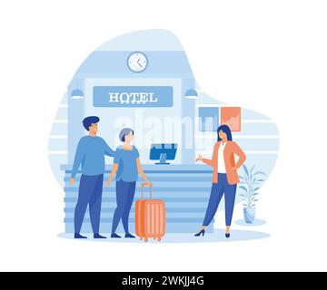Hotel scene with couple checking in. Man and woman at reception with luggage, receptionist gives room key. flat vector modern illustration Stock Vector