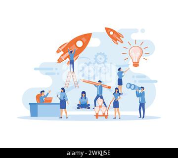 Group of young business people collaborating, solving problems, thinking about creative idea.flat vector modern illustration Stock Vector
