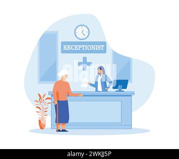 Hospital receptionist giving information to elderly woman, checking appointment. flat vector modern illustration Stock Vector