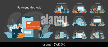 Payment Methods concept. Diverse transaction options for consumers. Digital, NFC, cash, global systems, checks, e-wallets, cryptocurrency, secure online processes. Flat vector illustration Stock Vector