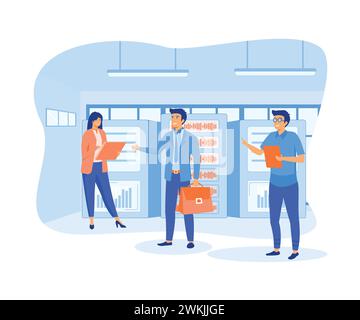Businessman in data center room. Data network management. Hosting server and computer database concept. flat vector modern illustration Stock Vector