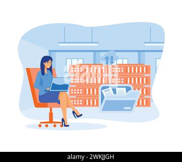 Server maintenance concept. Woman working as tech engineer and settings cloud computing at server racks room. flat vector modern illustration Stock Vector