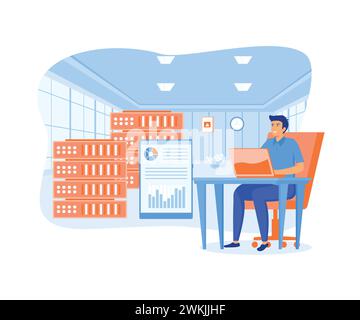 Human engineers maintain server rooms and control hardware performance in dashboards. flat vector modern illustration Stock Vector