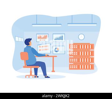 Man Working In Data Center Room Hosting Server Computer Monitoring Information Database. flat vector modern illustration Stock Vector