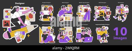 Diverse Design Professions set. Creatives in action, from graphic to augmented reality, showcasing the spectrum of modern design vocations. Flat vector illustration Stock Vector