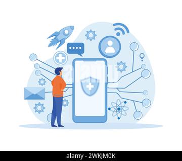Electronic healthcare concept, with hand holding modern bezel free smart phone. flat vector modern illustration Stock Vector