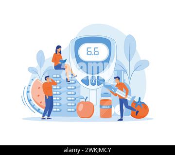 Tiny people with diet food, diabetes medicine and glucometer for blood sugar level test vector concept. flat vector modern illustration Stock Vector