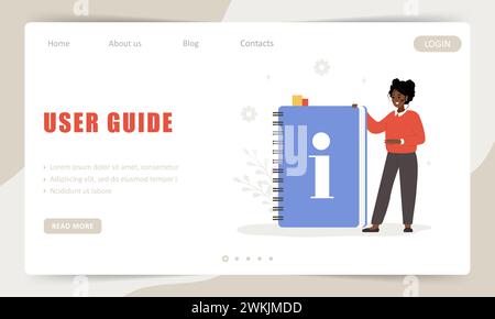 User guides. Landing page template. African female character with huge guidebook. FAQ or customer support. Vector illustration in flat cartoon style Stock Vector