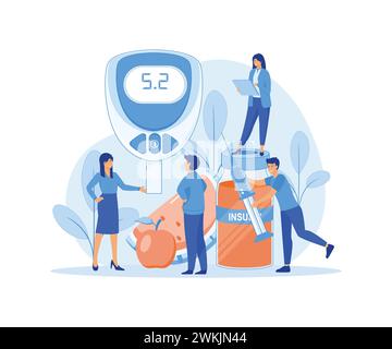 Insulin Depletion for Health Care. Doctor Measuring Sugar with Blue Strip Meter Monitoring Equipment. flat vector modern illustration Stock Vector