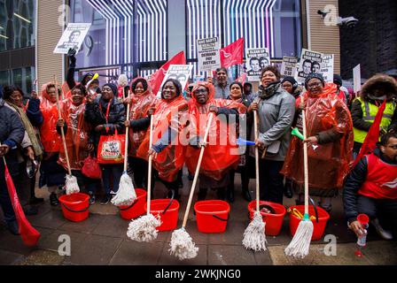 London, UK. 21st Feb, 2024. Low-paid facilities staff from across London working for Barts NHS Trust demonstrated at the Department of Health in Westminster today (Wednesday 21 February). Mops and buckets taken to Westminster in protest over failure to pay lump sum Covid payment. Around 100 Unite members took to the streets of Westminster to highlight the failure of Barts Trust to honour its commitment to pay NHS a lump sum 'thank you' payment for working during the pandemic. Credit: Mark Thomas/Alamy Live News Stock Photo