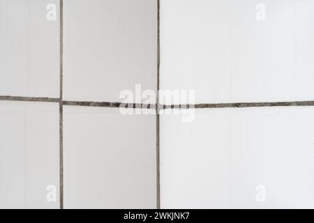 White ceramic bathroom wall tiles. Corner shot, lines up, no people. Stock Photo