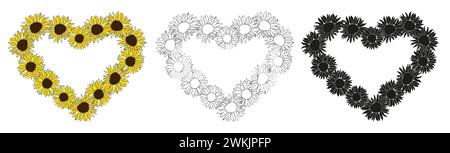 Line art black ink, silhouette, colorful sunflower hearts frame, hand drawn floral elements for Valentines day. Vector illustrations for card or invit Stock Vector