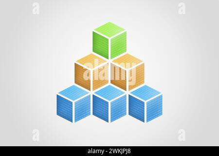 Pyramid of blockchain cubes with binary code, featuring blue, orange, and green hues. Symbolic of digital advancement and connectivity Stock Photo