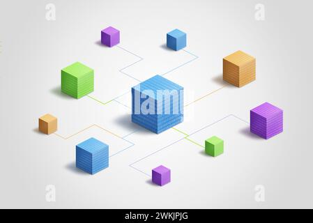 Multicolored blockchain cubes linked by electronic lines and binary code, symbolizing digital connectivity and technology advancement. Ideal for tech- Stock Photo