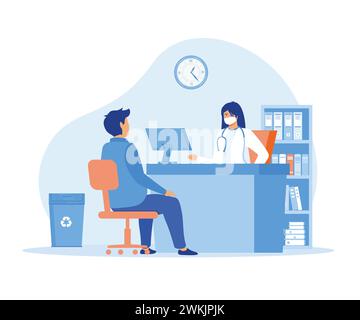 Doctor sitting at table with monitor. Family therapist, healthcare, clinic workspace concept. flat vector modern illustration Stock Vector