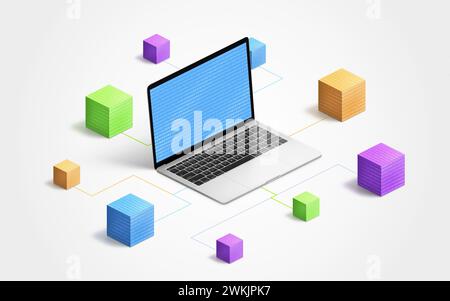 Laptop technology integrated into blockchain network with colorful cubes, binary code, and electronic connections. Illustrates digital connectivity an Stock Photo