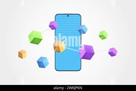 Phone surrounded by flying blockchain cubes with binary code, representing digital connectivity and innovation. Ideal for illustrating tech advancemen Stock Photo