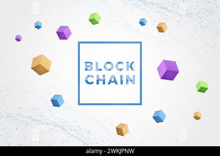 Blockchain text surrounded by blocks, cubes with binary code, and network nodes. Digital connectivity and security concept Stock Photo