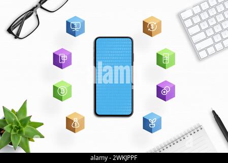 Phone with binary code surrounded by blockchain blocks and finance icons on a work desk. Symbolizes digital finance and technology integration Stock Photo