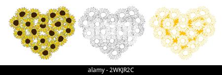 Yellow colors, line art sunflower hearts set background, hand drawn floral elements for Valentines day. Vector illustrations for card or invitations, Stock Vector