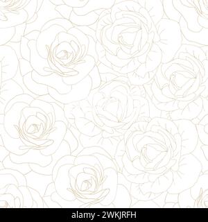 Camellia beige line art flower seamless pattern. Delicate rose flower head for spring, girly background. Vector illustration for textile, scrapbook, f Stock Vector