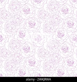 Camellia pink line art flower seamless pattern. Delicate rose flower head for spring, girly background. Vector illustration for textile, scrapbook, fa Stock Vector