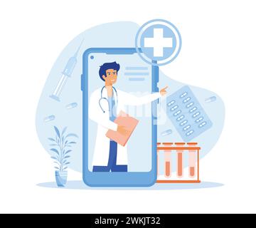 Smartphone screen with a male doctor. Online medical services, consultation and telemedicine concept. flat vector modern illustration Stock Vector